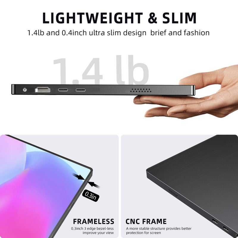 UPERFECT Portable Monitor, 15.6" IPS HDR 1920X1080 FHD Eye Care Travel Screen USB C Gaming Monitor, Dual Speaker External Monitor HDMI Type-C VESA for Laptop PC Phone w/Case - Image 5